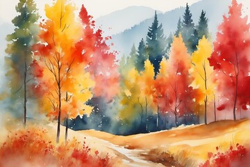 Naklejka na ściany i meble Enchanting Autumn Forest Watercolor Painting of Colorful Fall Season with Red and Yellow, Beautiful Leaves, and Pine Trees. Minimal, Elegant, and Artistic Natural Scenery with a Vintage Pastel Touch