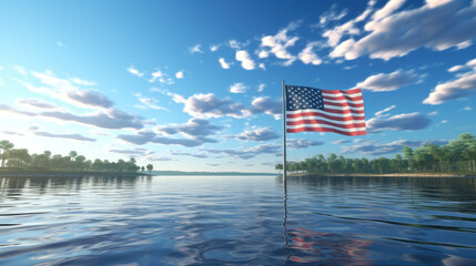 Peaceful Lakeside Scene with Reflecting USA Flag