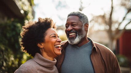 middle age african american couple laughing - obrazy, fototapety, plakaty