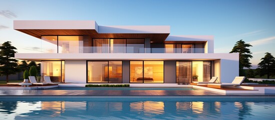 Illustration of contemporary residence and pool using  - obrazy, fototapety, plakaty