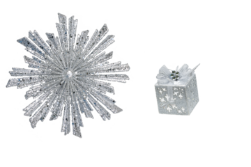 set / collection of silver sparkling Christmas toys isolated over a transparent background, top view / flat lay , PNG