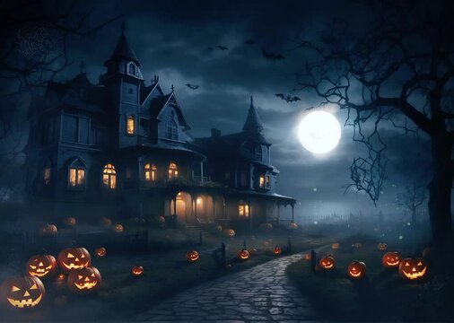Halloween night castle with bats and moon background seamless looping time-lapse virtual 4K video animation background