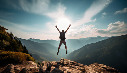Happy man with arms up jumping in the air on a bright sunny day on top of a mountain.