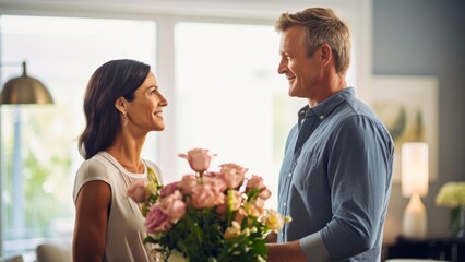 couple with bouquet of flowers