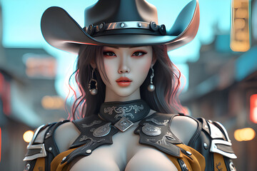 A woman wear the cowboy hat.
Generative AI - obrazy, fototapety, plakaty