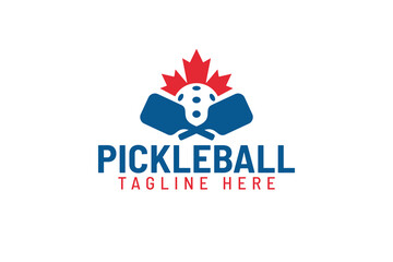 pickleball logo with a combination of a ball, paddles, and a maple leaf for pickleball club, tournament, training, etc.