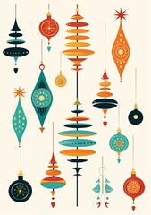 Vintage Christmas Illustration Design: Retro Mid Century Modern Ornaments and Festive  Patterns. Generative AI.