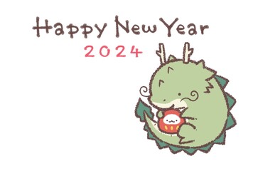 ダルマを抱くタツ2024年賀状横