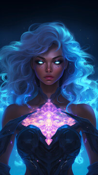 Hand drawn illustration of beautiful supernatural goddess with mysterious power
