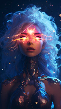 Hand drawn illustration of beautiful supernatural goddess with mysterious power

