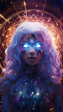 Hand drawn illustration of beautiful supernatural goddess with mysterious power
