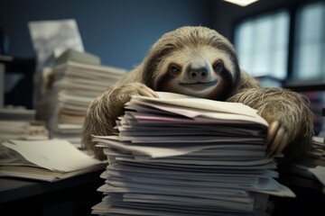 Sloth with huge stack of papers and documents  Symbolic image for slow bureaucracy Generative AI