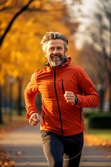 Man in his 50s jogging | Best Ager runs in the fall Generative Ai