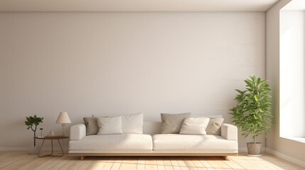 シンプルな白色の壁にナチュラルなソファーがある部屋