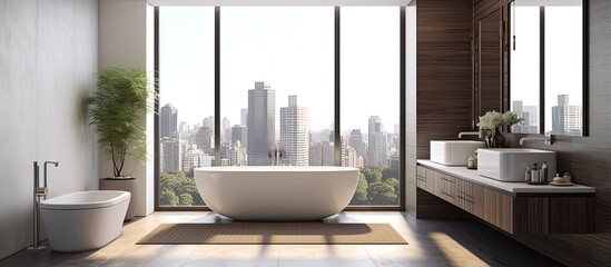 Modern minimalist bathroom with dark parquet floor double sinks white bathtub plants and city view rendered in 3D