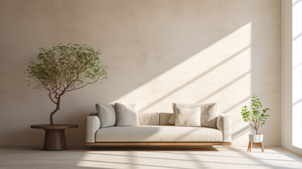 シンプルなベージュの壁にナチュラルなソファーがある光が差し込む部屋