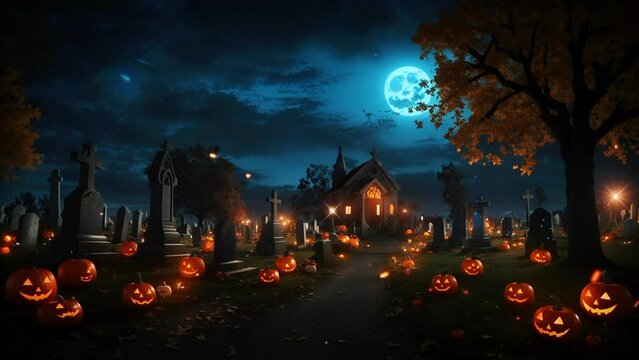 Halloween background with church in midnight cemetery