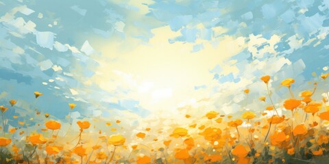Fototapeta na wymiar Yellow and orange small flowers, bright sky, heavy color oil painting stick style, generative AI