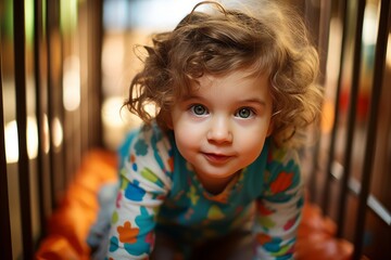 Toddler in the playpen looking directly into the camera