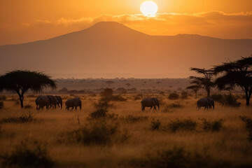 Sunset at mountain Kilimanjaro Tanzania and Kenya, travel summer holiday vacation idea concept. Generative AI