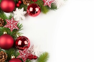 Obraz na płótnie Canvas Christmas still life. Red toys, spruce branches and decorative Christmas ornaments on a white background. generative ai.
