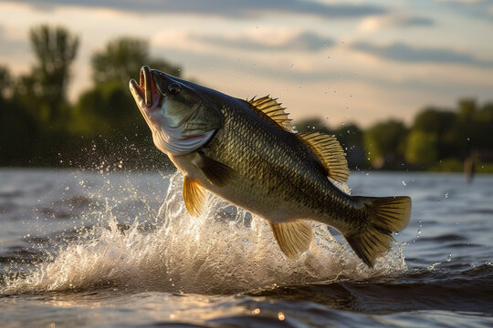 Fishing trophy - large freshwater bass jumps out of the water into the air. Generative AI