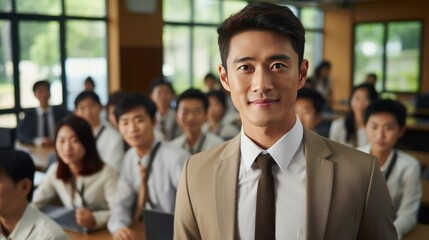 Fototapeta premium Asian young male happy smiling professional business, happy confident positive female entrepreneur in office business co-working, looking at camera.