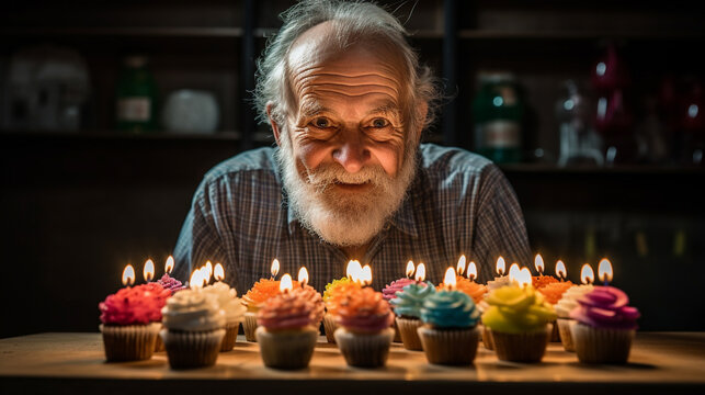 Man Is Blowing Out The Candles On The Cupcakes