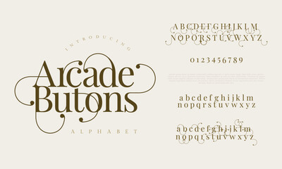 Arcadebutons premium luxury elegant alphabet letters and numbers. Elegant wedding typography classic serif font decorative vintage retro. Creative vector illustration