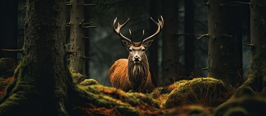 Photographing red deer in a dark coniferous forest during the rutting season with dry grass and greenery