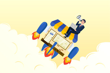 Businessman promote his shop with rocket booster flying, marketing or promotion to boost sales, increase customer to visit store front or e-commerce performance, advertising to grow profit (Vector)