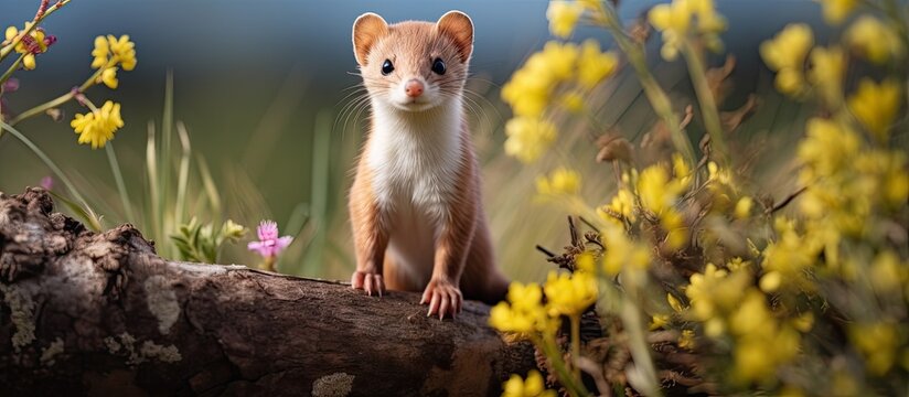 British Wildlife Stoat in Springtime perched on a log in natural grassy habitat facing right Close up