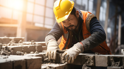 Asian construction worker building brick wall on construction site