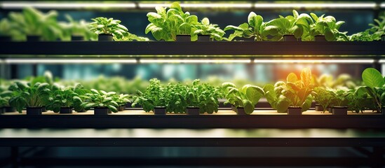 Indoor farm system utilizes and LED light to cultivate plants on shelves - obrazy, fototapety, plakaty
