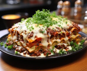 Closeup of tasty lasagna on plate, on wooden table background