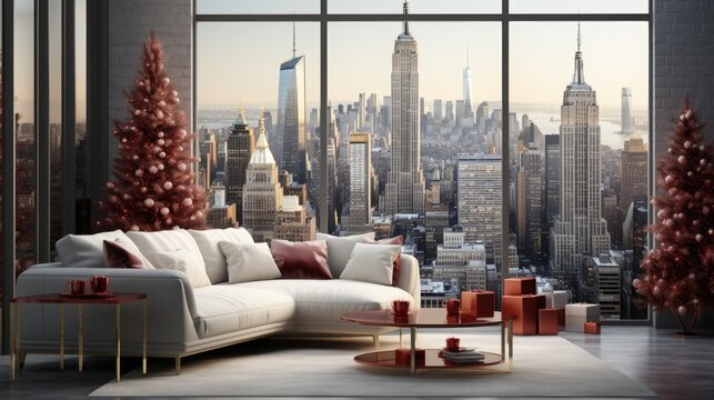 Modern living room interior with Christmas tree and city view 3D rendering
