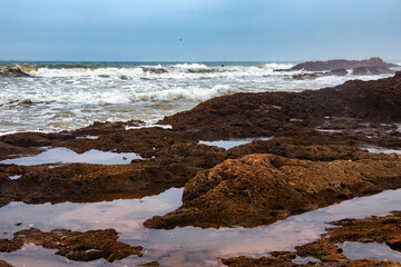 View of the volcanic shore of the Atlantic Ocean in the area of Essaouira in Morocco.