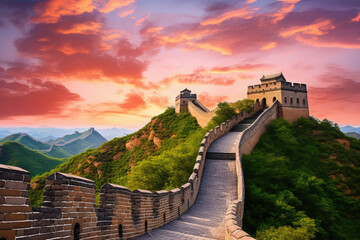 Majestic Great Wall of China at sunset