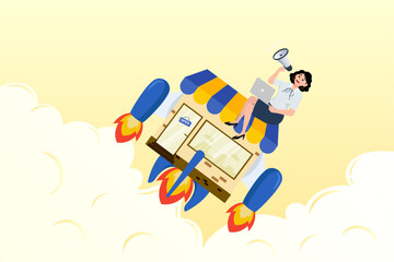 Businesswoman promote her shop with rocket booster flying, marketing or promotion to boost sales, increase customer to visit store front or e-commerce performance, advertising to grow profit (Vector)