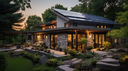 a modern house with solar panels on the roof