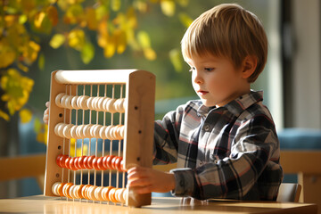 Little child student using a math abacus in a classroom