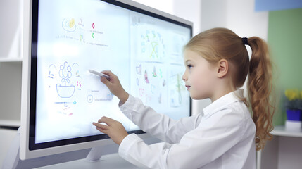 Cute little girl in classroom writing something on a whiteboard