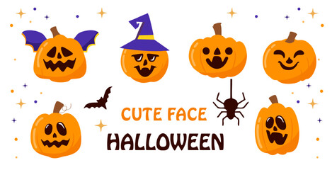 collection of pumpkin face designs with Halloween themes, scary, funny and scary facial expressions. 