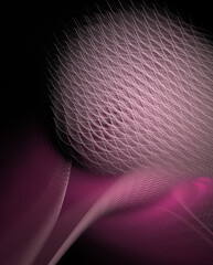 3D illustration. Abstract image. A ball of pink yarn lies on a knitted fabric on a black background. Graphic element, background, texture for web design.