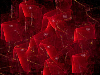3D illustration. Abstract image. Waves of red silk fabric on a black background. Graphic element, background, texture for web design.