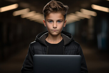 front view handsome young boy holding laptop - obrazy, fototapety, plakaty