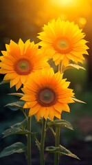 Fototapeta premium The best photo of 3 sunflowers that are beautiful and realistic. Natural blur background,8k