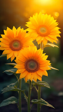 The best photo of 3 sunflowers that are beautiful and realistic. Natural blur background,8k