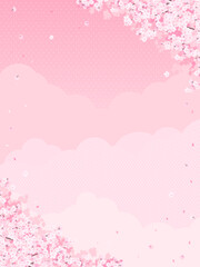 満開の桜とピンク色の雲・空　背景素材（縦向き）