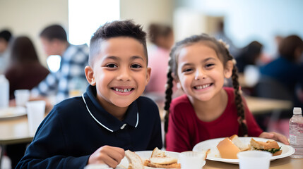 Happy young boy and girl children eating at school lunch table smiling to camera